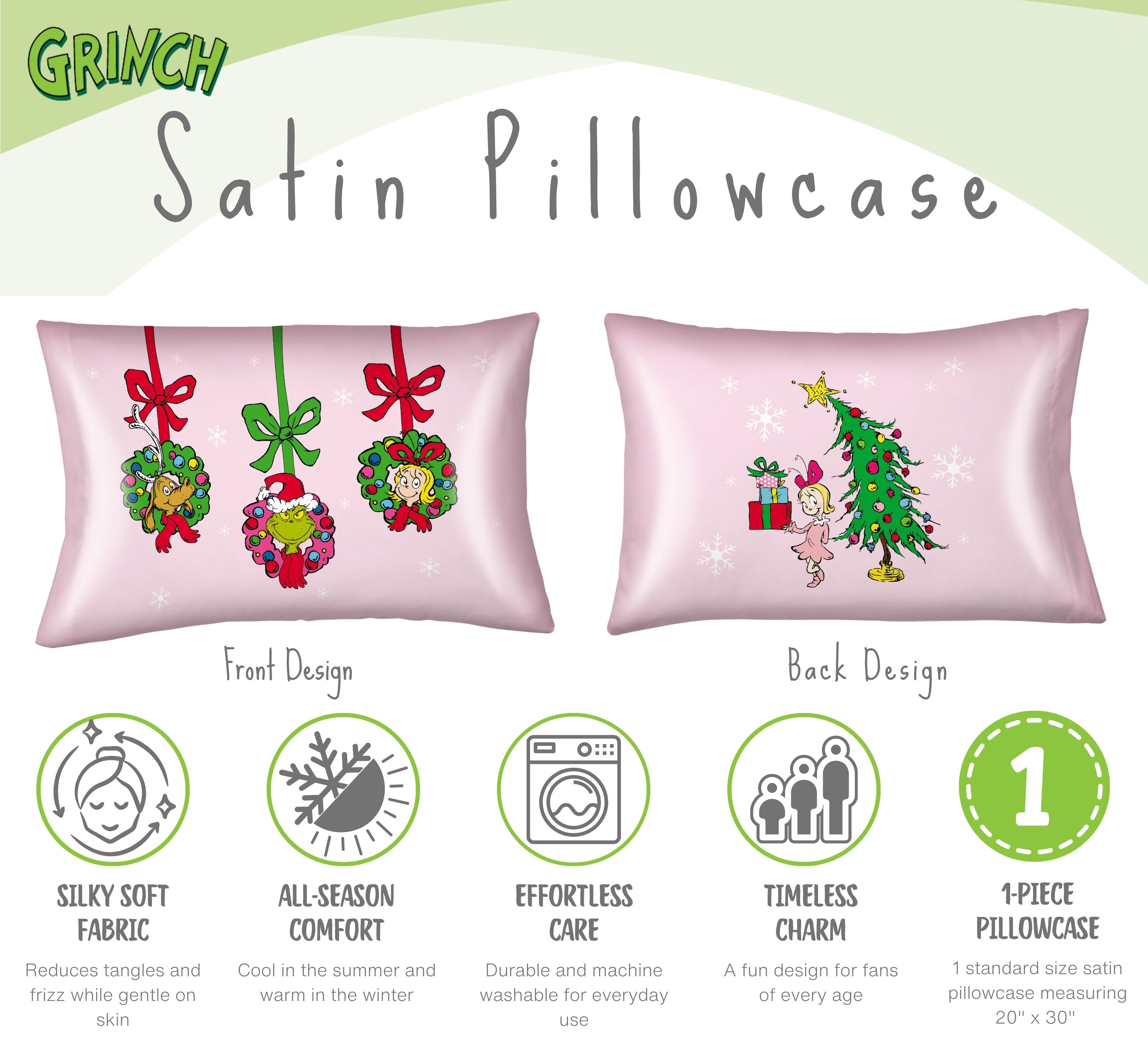 Grinch Pink Reversible Silky Satin Pillowcase, Standard Size, 1-Pack