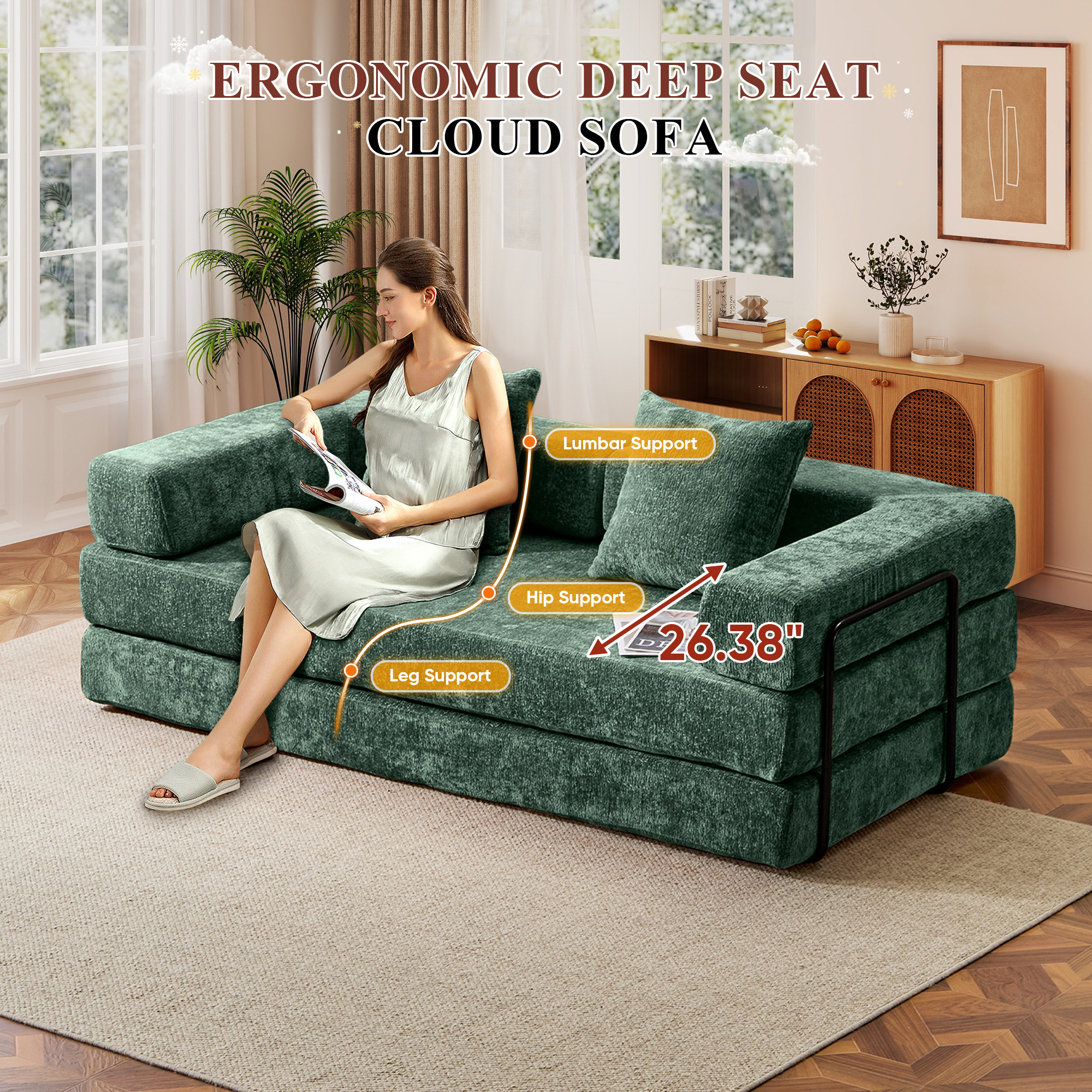 Timbernest 76.8" Folding Sofa Bed, King Size Convertible Sleeper Sofa with 2 Pillows, Chenille Floor Sofa for Living Room, Small Spaces, Dark Green