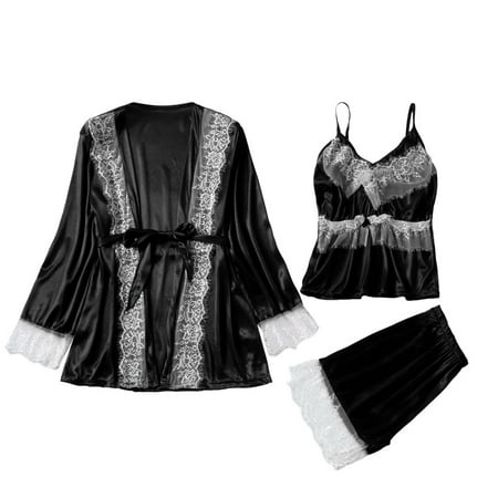

adciicd Pajama Women Lace Sleeve Long Pajamas Patchwork Sleepwear Sling Set Satin Robe Women Suits & Sets Women Overall