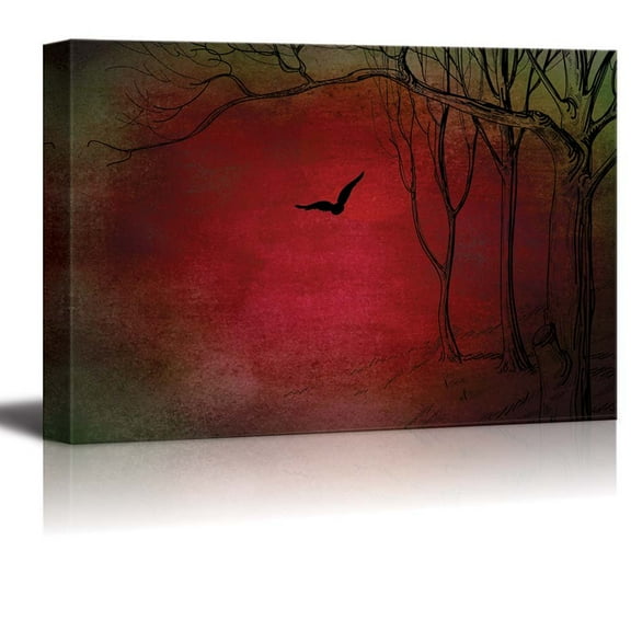 wall26 - Illustration of Trees and a Crow Over a Red and Green Texture - Canvas Art Home Art - 12x18 inches