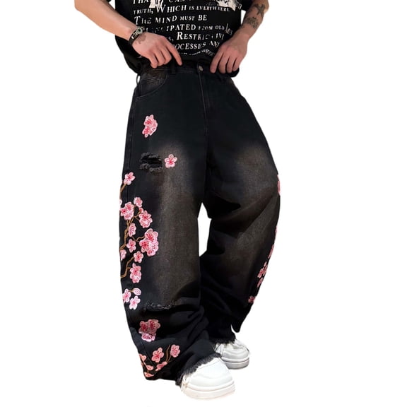 Mrmall Mens Baggy Wide Leg Jeans Flower Embroidered Loose Fit Y2K Hip Hop Streetwear Denim Pants
