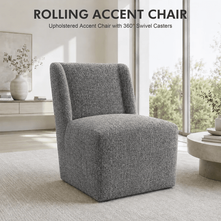 Aenkyo Upholstered Dining Chair with Casters, Modern Wingback Accent Side Chair, Pewter Gray