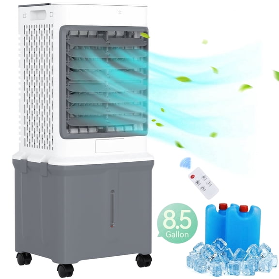8.5 Gal Swamp Cooler, 2800 CFM Portable Evaporative Air Cooler with 3 Speeds, Remote, 7H Timer, 120°Oscillation, Portable Air Coolers for Room, Garage, Bedroom