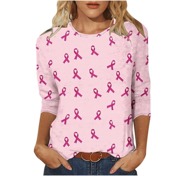 VKOYWKM Breast Cancer Shirts for Women 3/4 Sleeve Tops Pink Pink Ribbon Graphic Tee Casual Crew Neck Breast Cancer Survivor Top