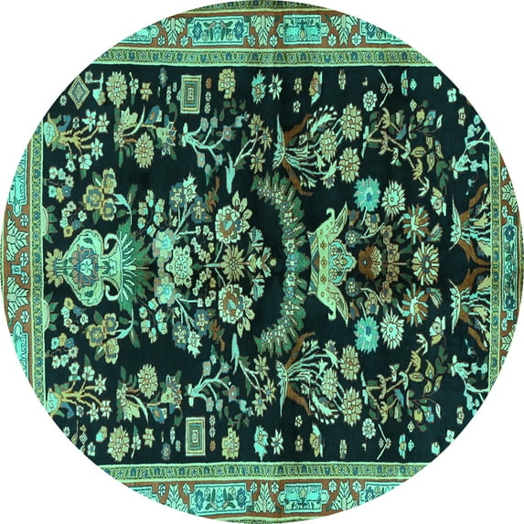 Ahgly Company Machine Washable Indoor Round Animal Turquoise Blue Traditional Area Rugs, 4' Round