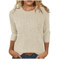 thumbnail image 2 of Drindf 3/4 Length Sleeve Knit Blouses Round Neck Solid Color Pullover Shirts Comfy Business Casual Shirt Loose Fit Ribbed Tops Beige M, 2 of 6