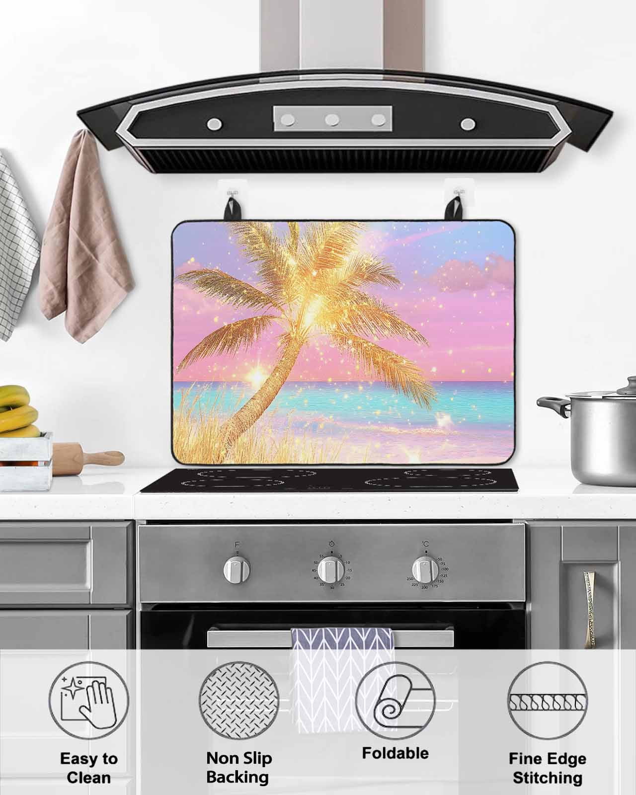 nqOlkjepod Large Induction Cooktop Protector Mat 36"x21", Golden Palm Tree Stove Top Covers for Electric Stove, Rainbow Beach Seaside Decorative Stove Burner Cover Mats, Glass Top Stove Cover