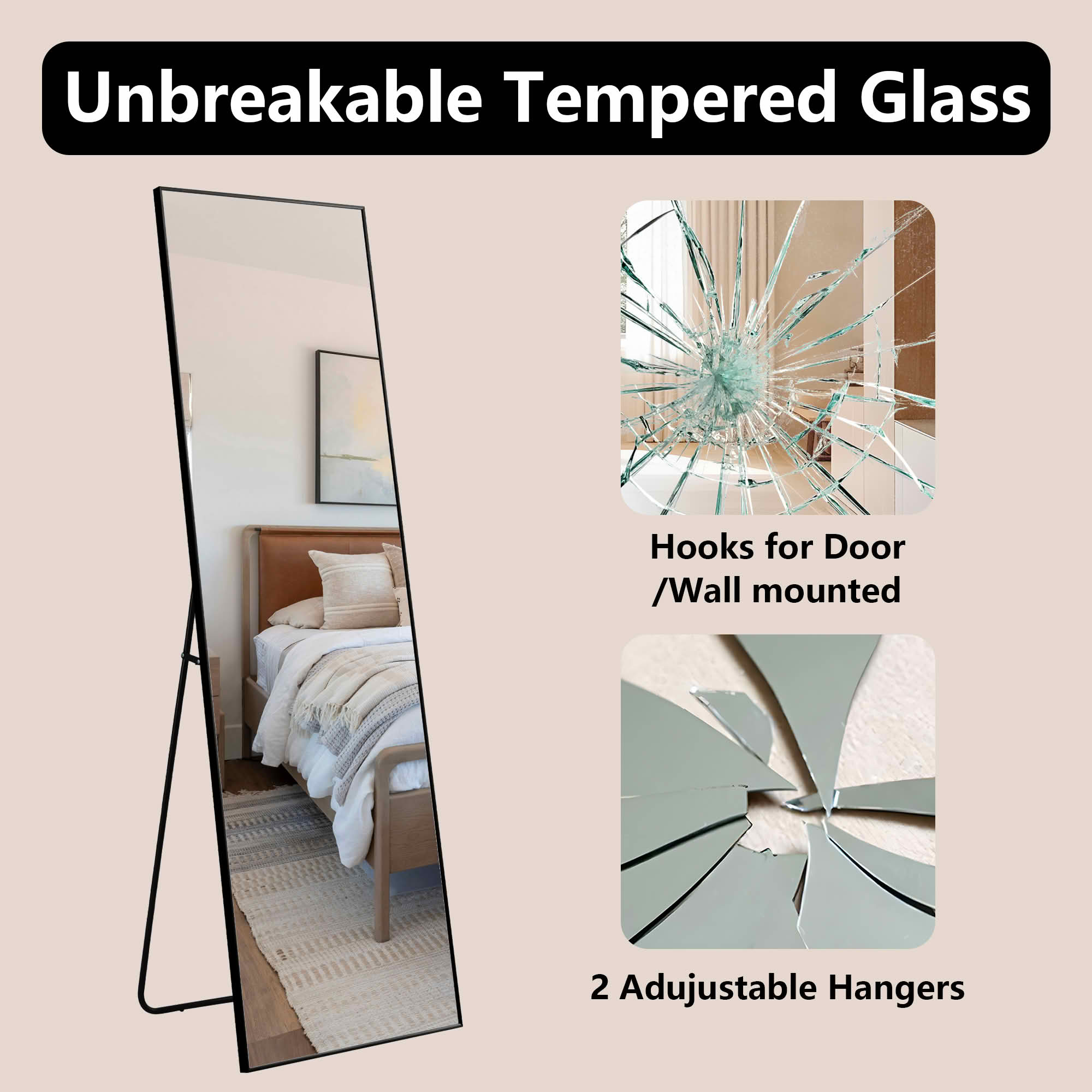MAYEERTY 56x18in Aluminum Full-Length Mirror, Right Angle Tempered Glass With Stand, Black