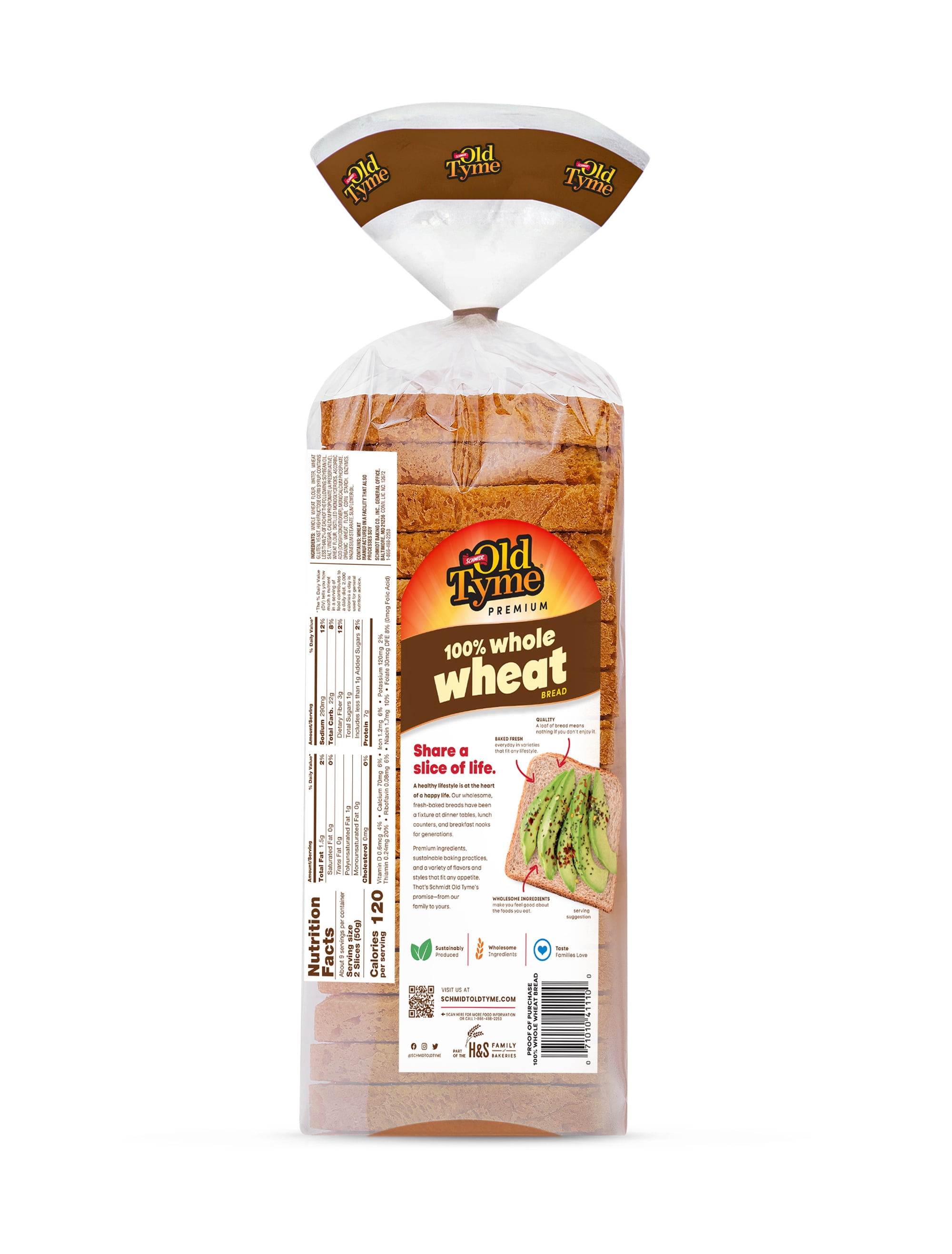 Schmidt's Old Tyme 100% Whole Wheat Bread, 16 oz, Fresh Bakery, Shelf-Stable