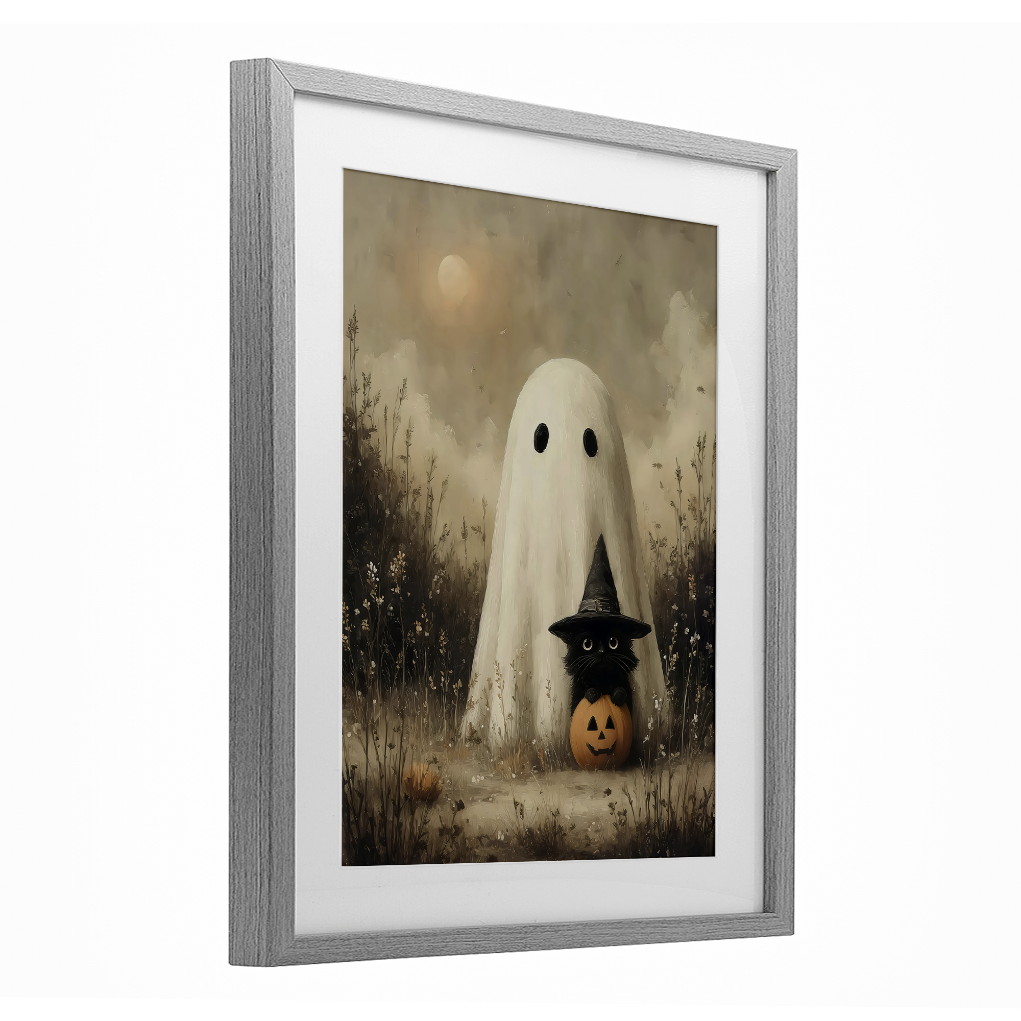 Ghost with Black Kitten Gray Framed Print Under Glass, design by Arlington Prints