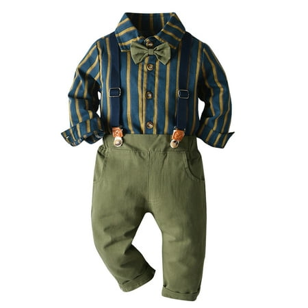 

FYMNSI Baby Boy Baptism Christening Outfit Toddler Kid Formal Gentleman Tuxedo Suit Long Sleeve Bowtie Dress Shirt Suspenders Pants First Birthday Wedding Party Ring Bearer Clothes 6-12M Army Green