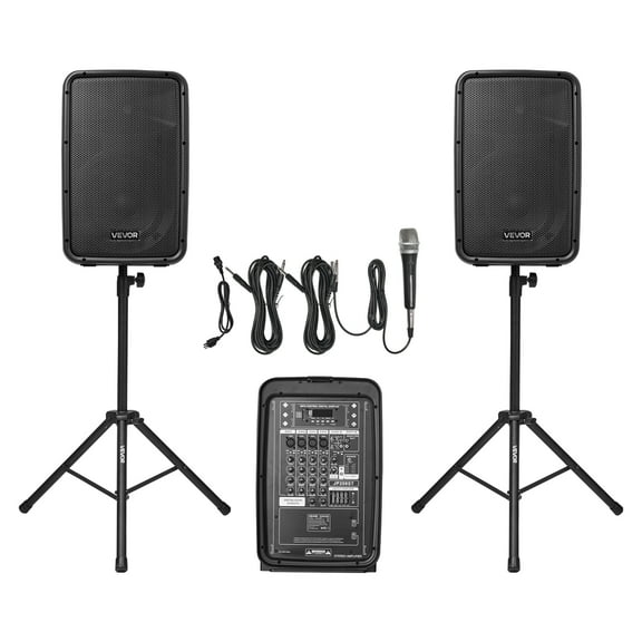 VEVOR Portable PA System, 300W Powered, Sound System Set with 8 Channel Mixer, Dual Speakers, Wireless Bluetooth, Microphone, Compact Stands, USB SD XLR RCA Inputs, Remote Control, for DJs Events