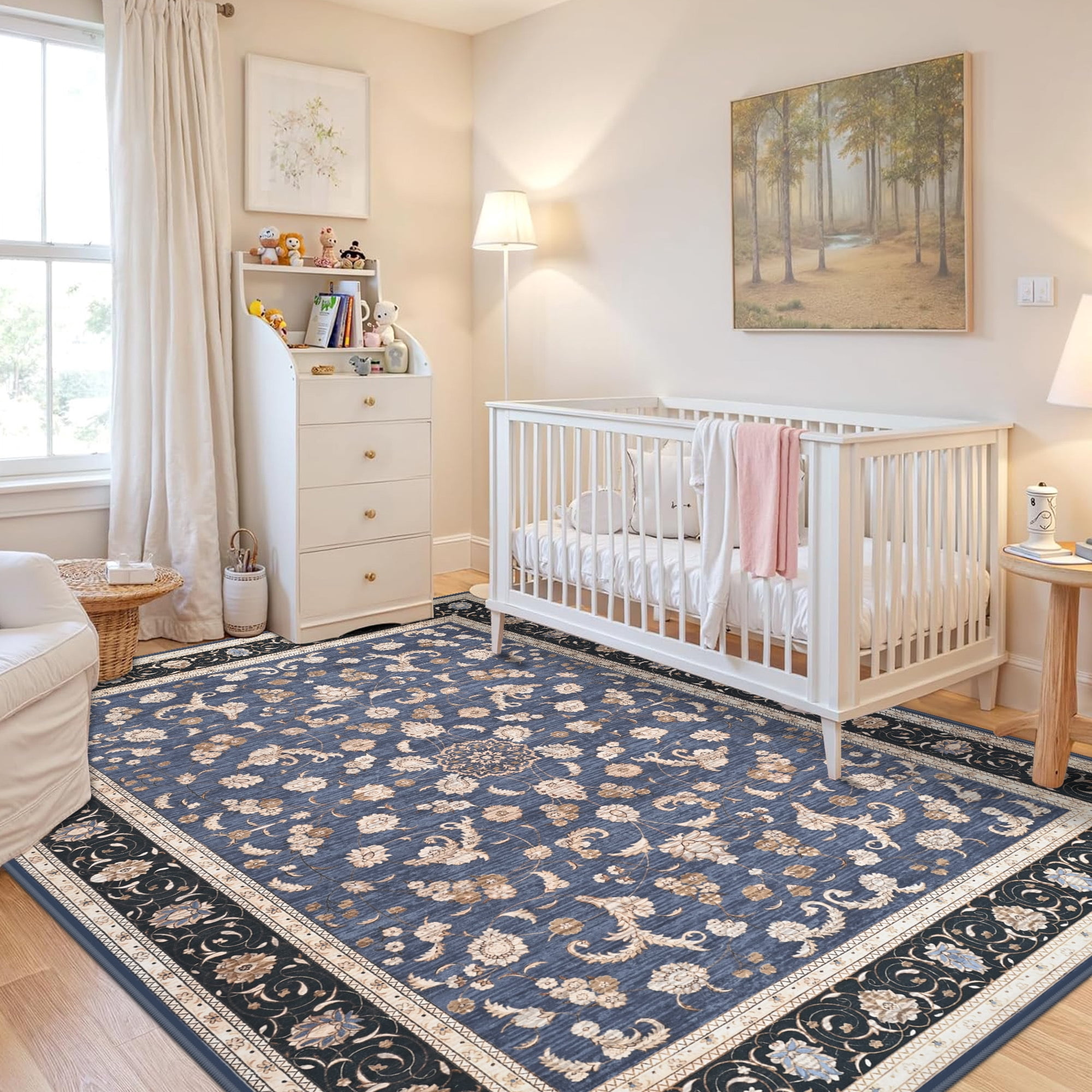 Astorug 5x8 Ft Blue Floral Area Rug - Machine Washable Low Pile Non-Slip Carpet, Boho Vintage Farmhouse Decor for Living Room, Bedroom, Nursery & Office