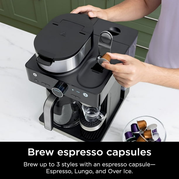 Ninja Espresso & Coffee Barista System, Single-Serve Coffee & Nespresso Capsule Compatible, 12-Cup Carafe, Built-in Frother, Black and Silver, CFN601 (Refurbished) Excellent Condition