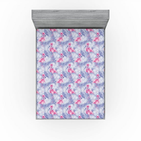 Ambesonne Flamingo Fitted Sheet, Tropical Palm Tree Leaves, California King, Pale Pink and Lavender
