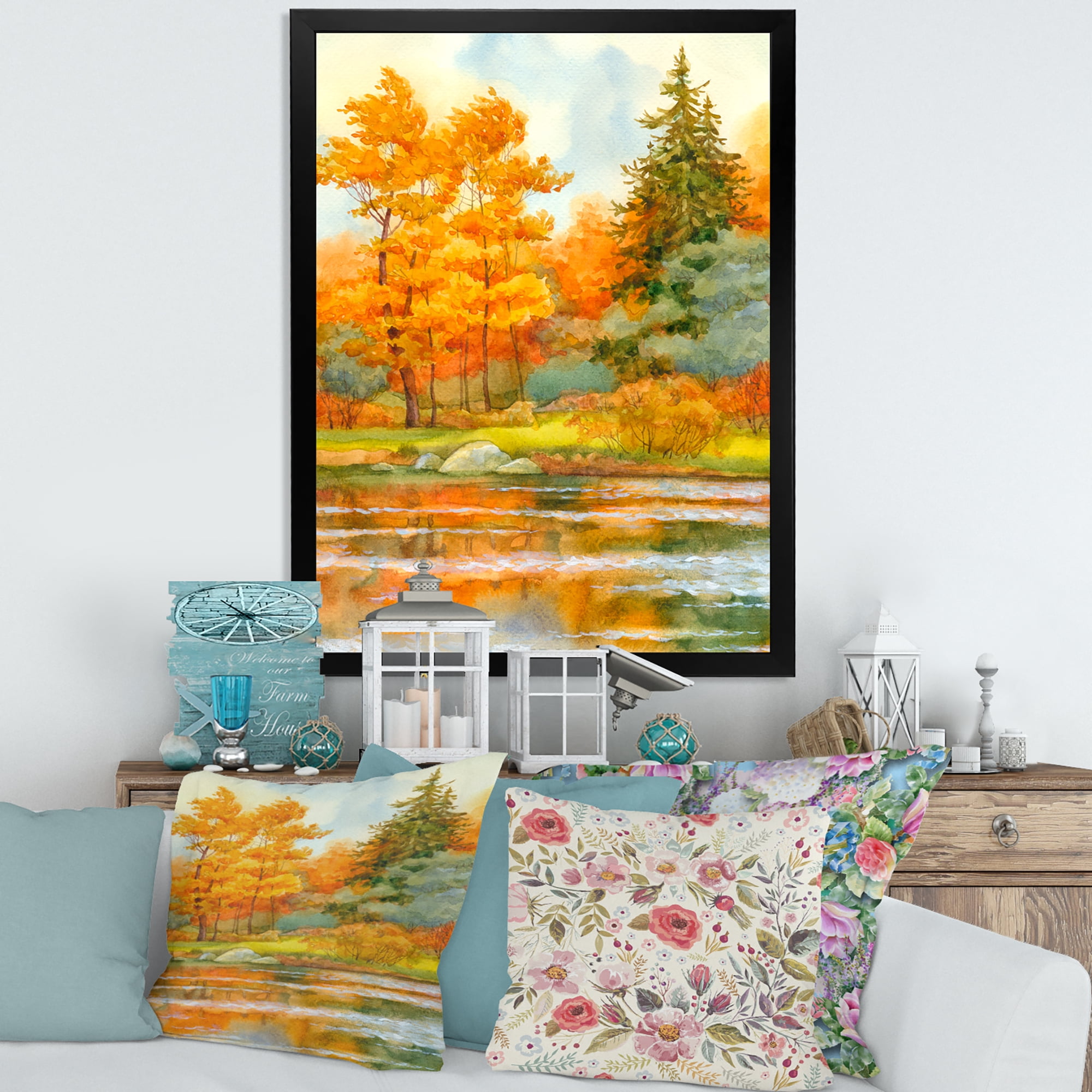 Designart 'Autumn Forest By The Lake Side IV' Lake House Framed Art Print
