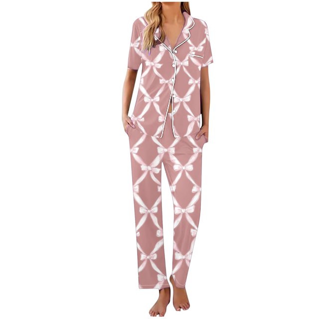 Sexy Pijama Conjunto para las Mujeres Impreso Bolsillo Pantalones de Manga Corta, Traje Suelto Casual para el Hogar Y el Salón