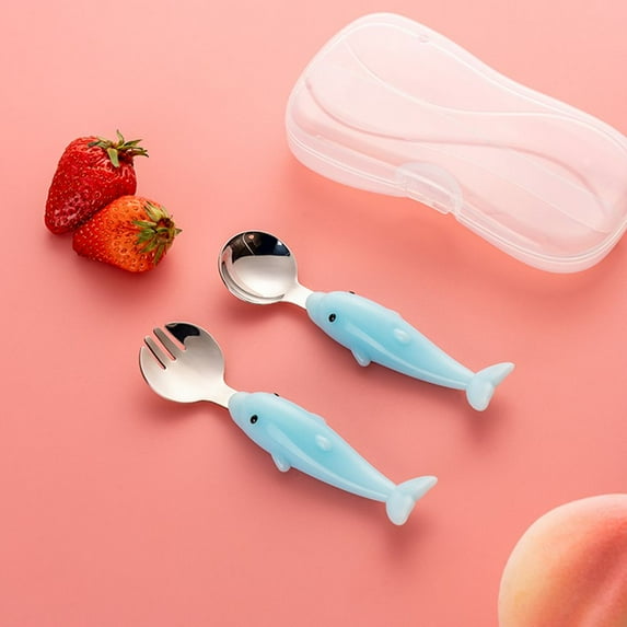 Portable Stainless Steel Infant Dinnerware Dolphin Baby Tableware Set Food Feeding Spoon Fork Children Utensil Toddler Cutlery BLUE