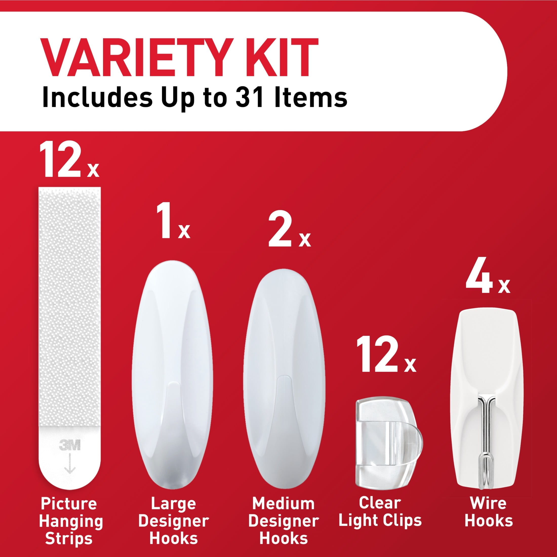 Command 4th of July Decorations Kit, Variety Pack, Holds 15 lbs, Picture Hangers, Outdoor, Designer, and Wire Hooks, 31 Pieces