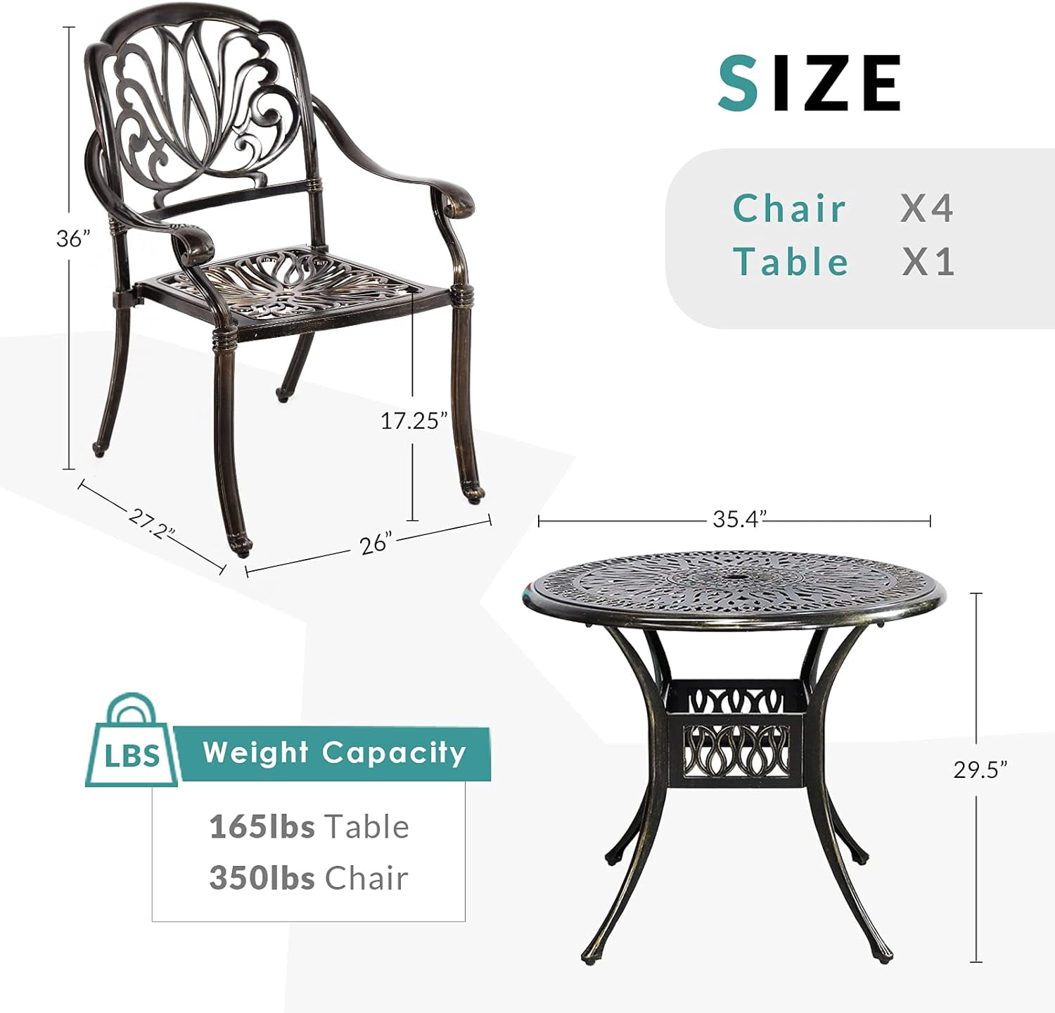 MEETWARM 5 Piece Patio Dining Set, Outdoor All-Weather Cast Aluminum Dining Table Set, Patio Furniture Set for Backyard Garden Deck, Include 4 Chairs and 1 Round Table with Umbrella Hole