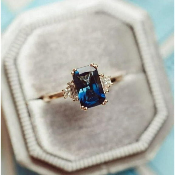 Emerald cut Blue Sapphire Engagement Ring, Dainty Diamond Bridal Ring, Baguette Diamond Wedding Ring, Anniversary Promise Ring, Gift For Women