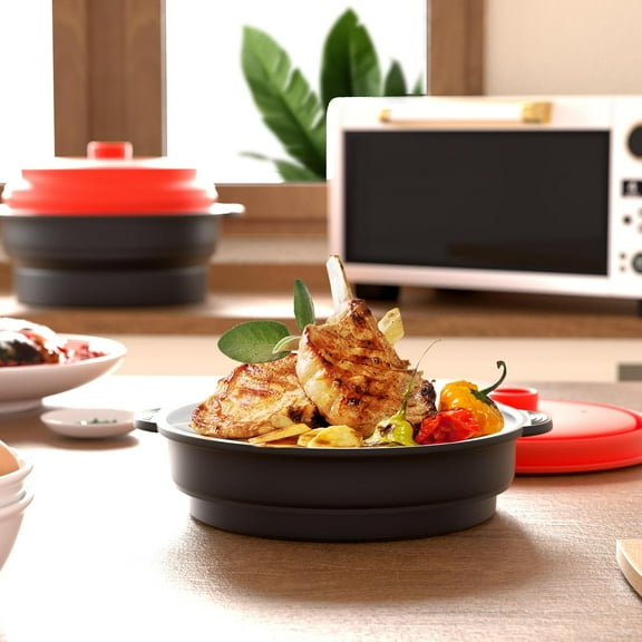 2-in-1 Microwave Steamer & Grill Cookware Set, Collapsible Silicone Pan with Lid for Boil, Steam, Bake - 4 Pcs Food Prep Kit