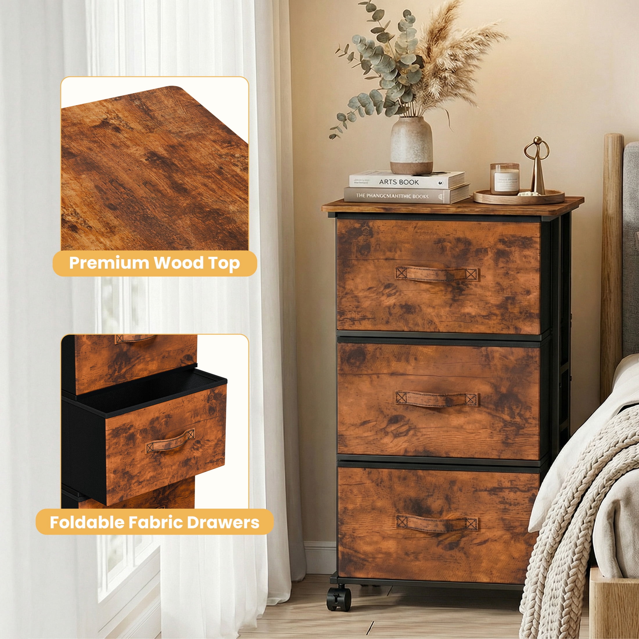 CONCETTA Dresser Storage with 3 Drawers, Storage with Wheels for Bedroom, Home Office, Rust Brown