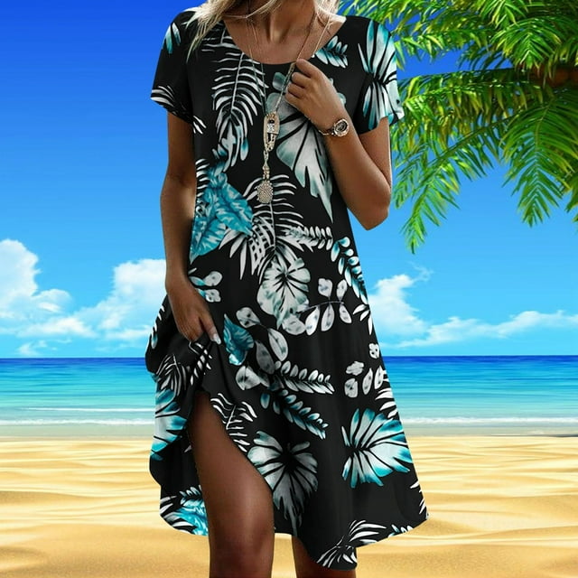WILLBEST Vestidos De Verano Vestido Casual Con Estampado Floral Para Mujer Cuello Redondo Vacaciones Uso Diario Primavera Verano Básico Cómodo Elegante Atuendo Femenino