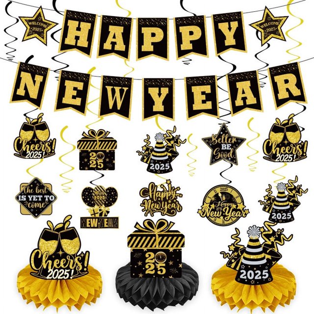 Decoraciones de Feliz Año Nuevo 2025, pancarta dorada de Feliz Año Nuevo y remolinos colgantes de techo para decoraciones de Año Nuevo 2025