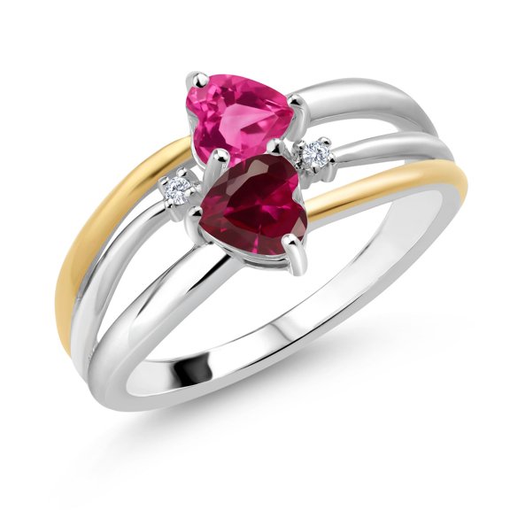 925 Silver and 10K Yellow Gold Pink Created Sapphire and Red Created Ruby and White Lab Grown Diamond Band Ring for Women (1.22 Cttw, Gemstone September Birthstone, Heart Shape 5MM, Size 8)