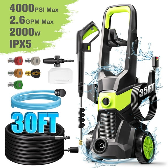 RELOIVE Electric Pressure Washer, 2000W Motor, 4000PSI Pressure, 2.6GPM Max Flow, 5 Multiple Nozzles, A Foam Cannon, 30FT Water Hose Length & 35FT Power Cord Length