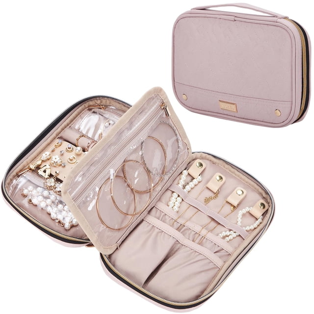 NISHEL Joyero de viaje, organizador de vacaciones para collares, pendientes, anillos, pulseras, relojes, rosa