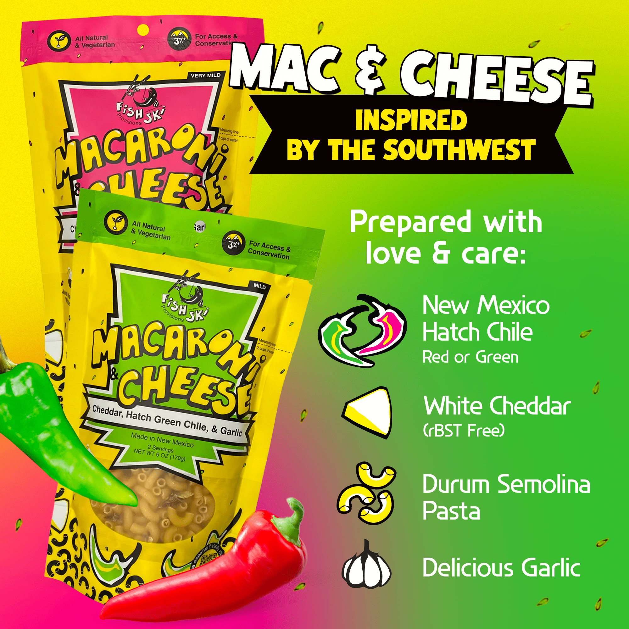 FishSki Provisions Macaroni and Cheese Variety Pack, Garlic Cheddar Cheese, Hatch Red and Green Chile, 6 oz bags, 12 pack