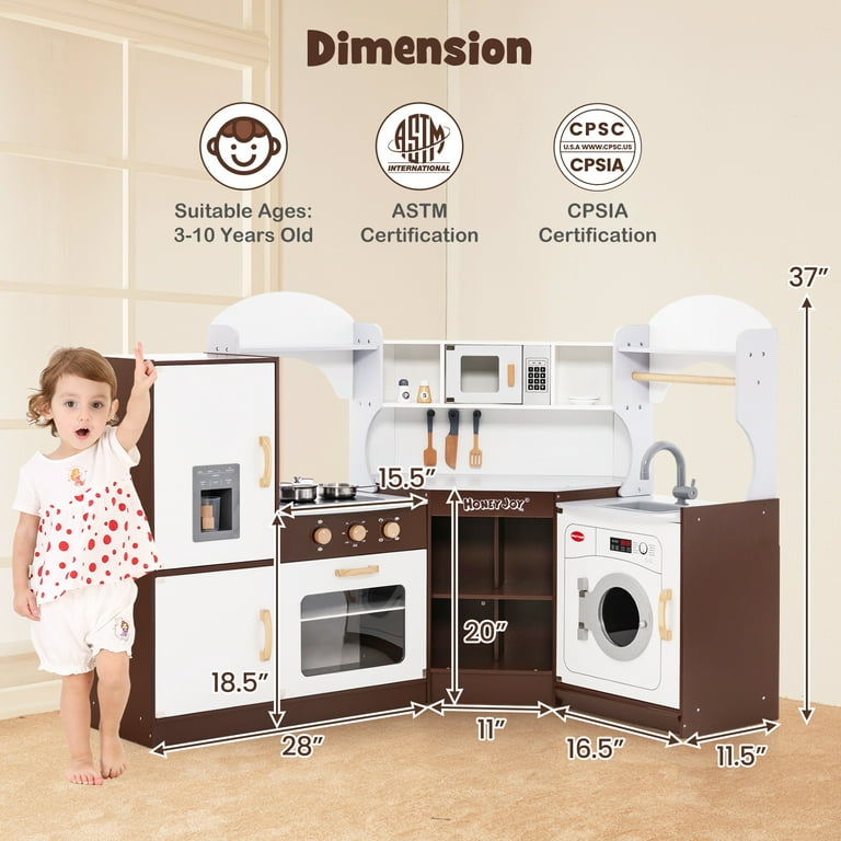 Honeyjoy Corner Play Kitchen with Ice Maker Microwave Oven for Kids 3 Years Old Wooden Toy Walmart