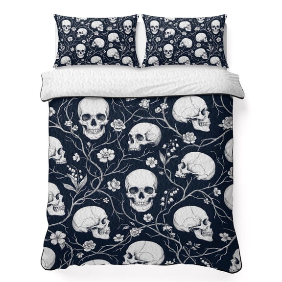 Quilts King Size Bedding Set, White Skull Lightweight Quilted Comforter, Horror Skeleton Abstract Vintage Scary Soft Reversible Bedspread Coverlet with Pillow Covers for All Season, 96" x 106"