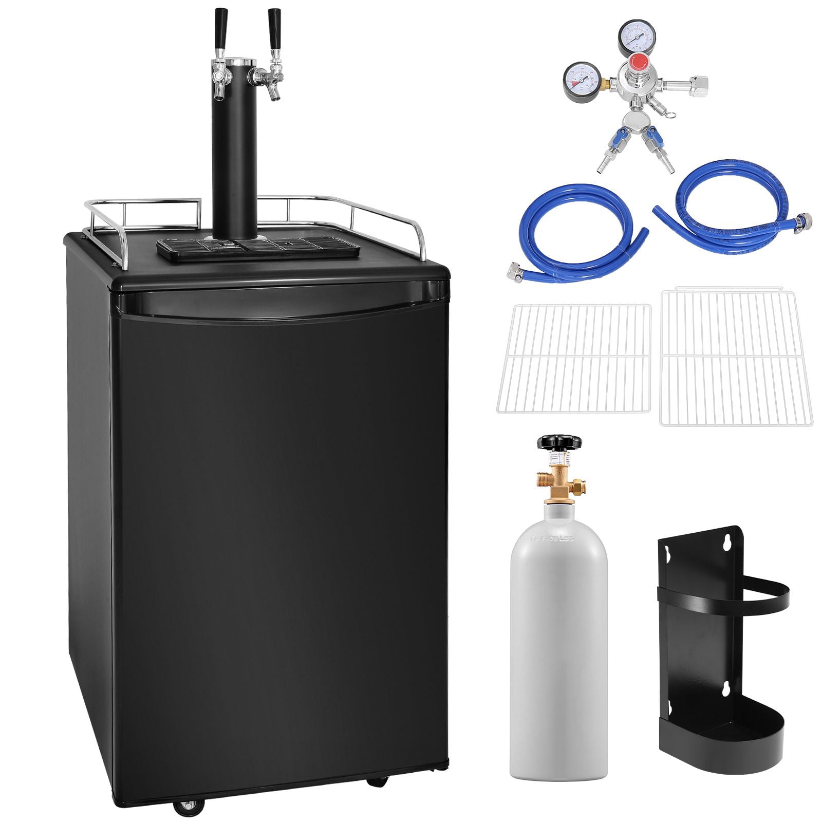 Beer Kegerator, Full Size Keg Refrigerator With Shelves,Dual Tap Draft Beer Dispenser, Drip Tray & Rail, CO2 Cylinder, 32°F- 50°F Temperature Control, Holds 1/6, 1/4, 1/2 Barrels, Black