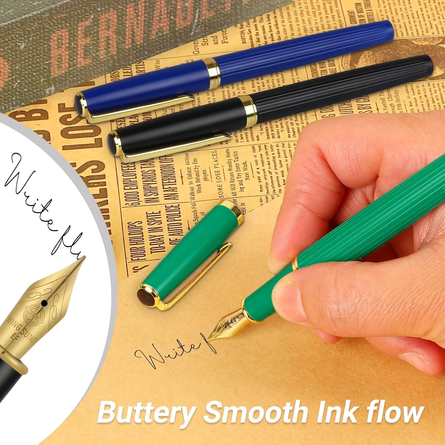 Fountain Pen,Elegant Pens with 2 Nib(F/EF) 8 cartridges convertes,Fancy Pen for Journaling,Nice Writing,Calligraphy Pen,Writing Gift Case(Green)
