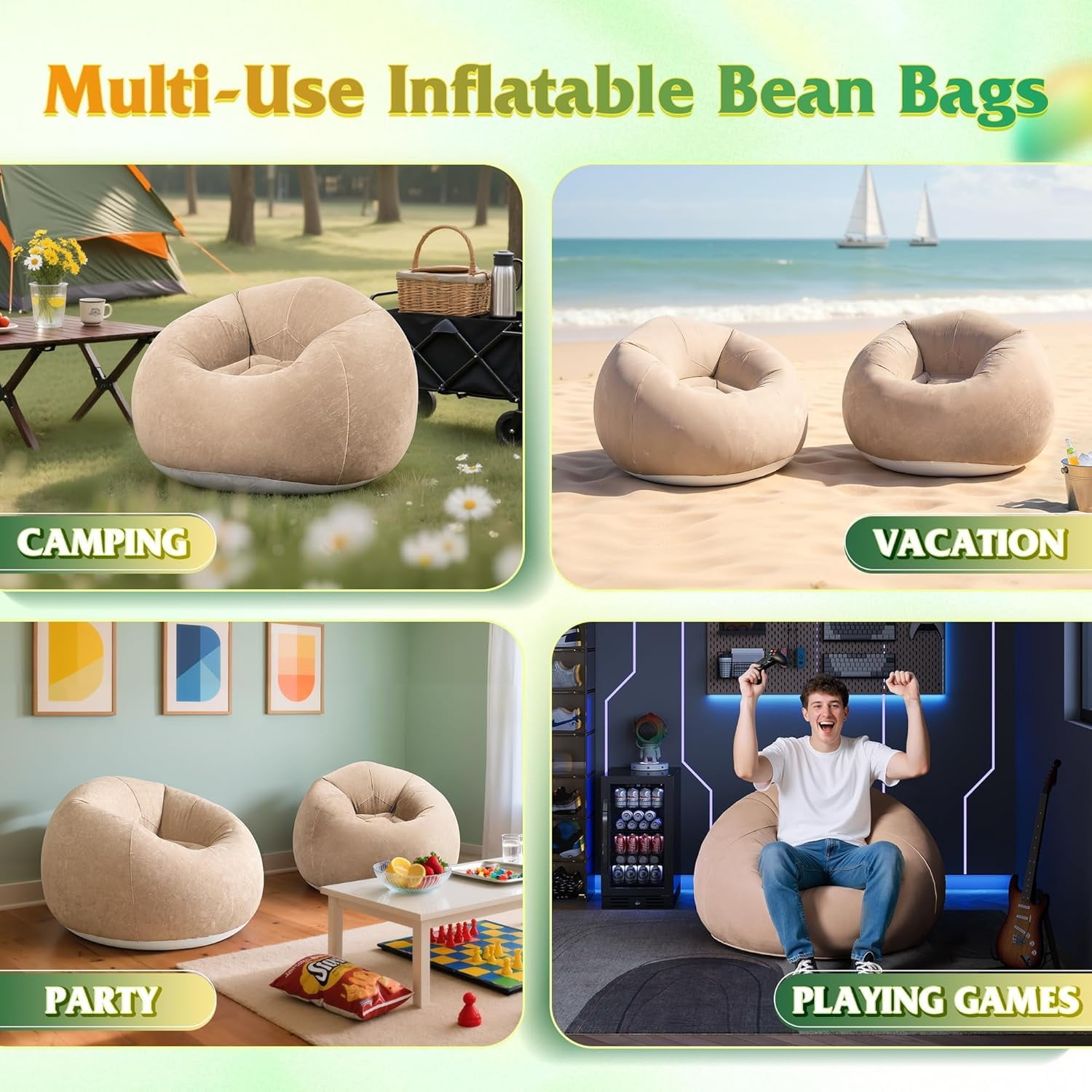 2 Pcs Bean Bag Chair for Kids Adults, Inflatable Chair, No Filler, Comfy, Suit for Dorm Gaming Room Indoor Outdoor, 2 Beige
