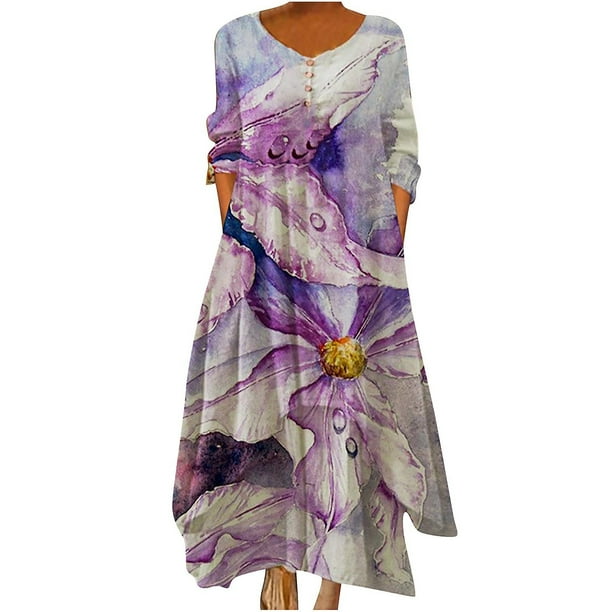Vestido HUOGUO de manga larga con cuello redondo y estampado floral casual para mujer