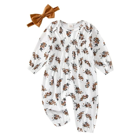 

Amuver Infant Casual Romper Floral Printed Long Sleeve Round Neck Pleated Long Jumpsuit+Headband