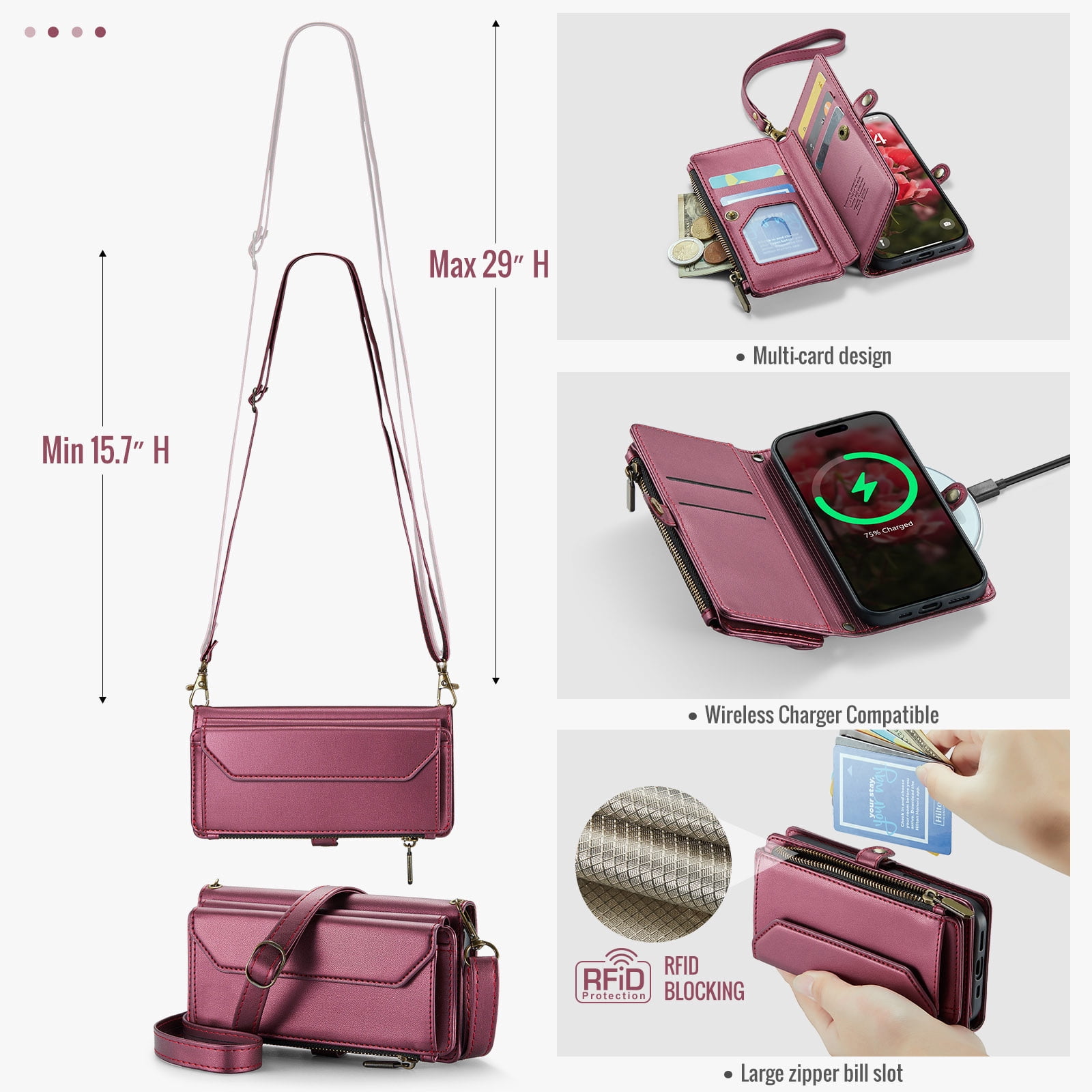 Asuwish Compatible with iPhone 16 6.1 inch Zipper Wallet Phone Case Tempered Glass Screen Protector Crossbody Lanyard Strap Flip Card Holder Slot Cell Cover for i Phone16 i16 16Case Women Wine Red