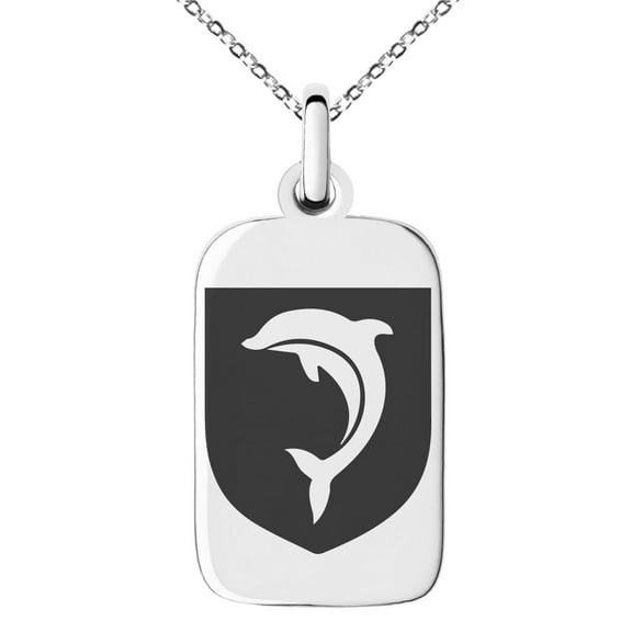 Stainless Steel Dolphin Diligence Coat of Arms Shield Engraved Small Rectangle Dog Tag Charm Pendant Necklace