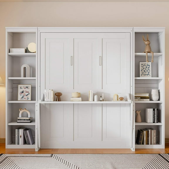 Queen Size Murphy Bed with Desk and Bookshelf, White