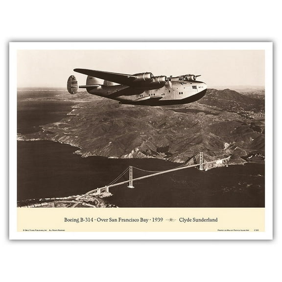 The California Clipper (Boeing B-314) - Over San Francisco Bay 1939 - Pan American Airways - Vintage Aviation Poster by Clyde Sunderland - Master Art Print (Unframed) 9in x 12in