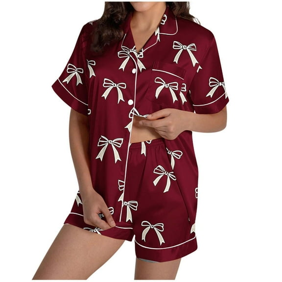 Cavosen Womens Pajama Sets Cotton Notch CollarShort Sleeve Button Down Pajama Set Bow Loungewear Fall Sleepwear with Pocket