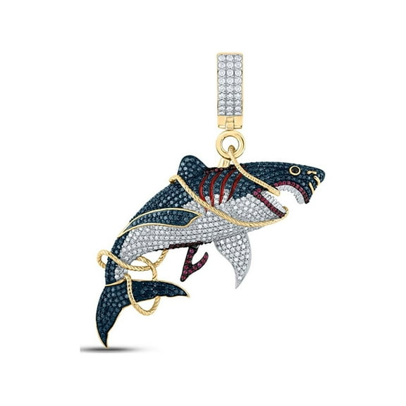 14kt Yellow Gold Mens Round Ruby Diamond Shark Charm Pendant 3-1/2 Cttw