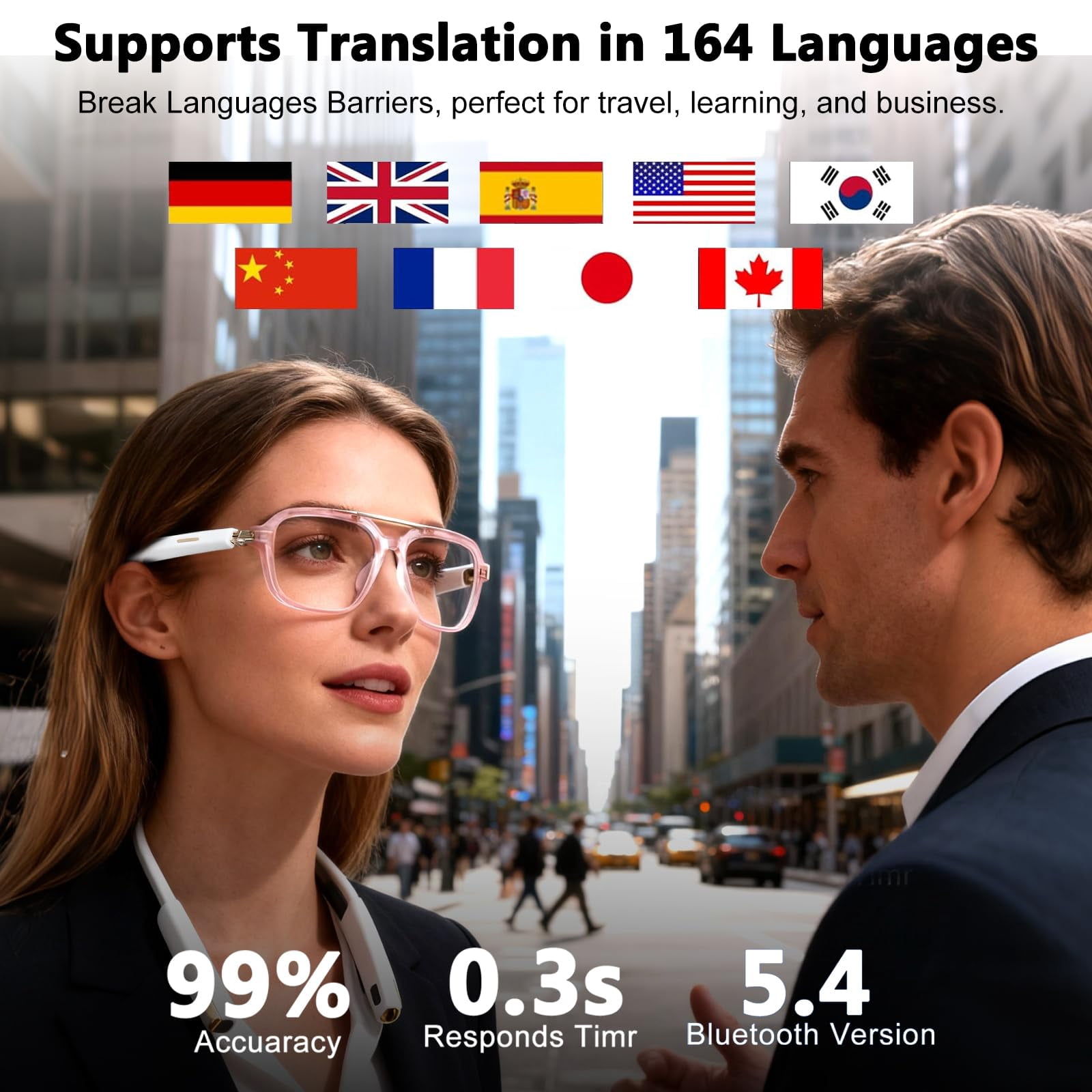 AI Smart Glasses for Men Women, Bluetooth Glasses with 164+ Languages Translation, Color-Change Lens and Hands-Free Calls for Travel Meeting Trade Business