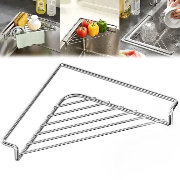 Stainless Steel Corner Sink Shelf, Triangular Sink Organizer Rack with Open Wire Drainage Design, Sponge Holder Drying Rack for Kitchen Countertop