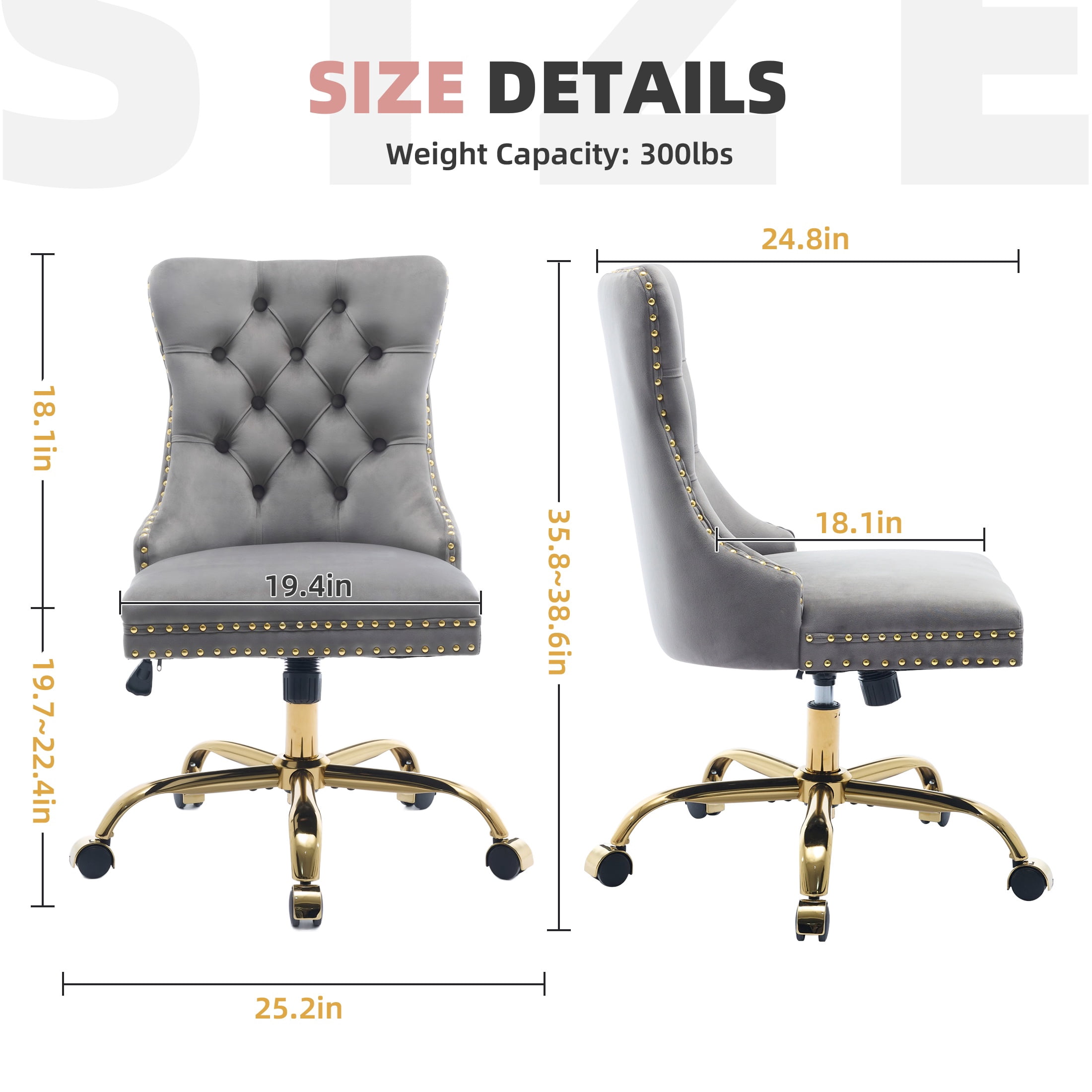 PAPROOS Vanity Chair, Swivel Home Office Chair, Ergonomic Home Desk Chair with Golden Metal Base, Adjustable Height, Velvet Upholstered Tufted Button Task Chair, Gray