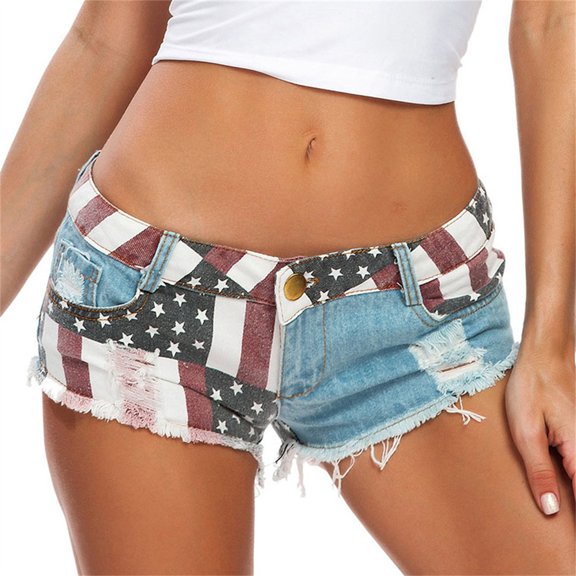 Women's Low Rise Denim Shorts with American Flag Print, Sexy Casual Jean Sports Shorts, Stretchy Distressed Patriotic Beach Shorts ,Blue L